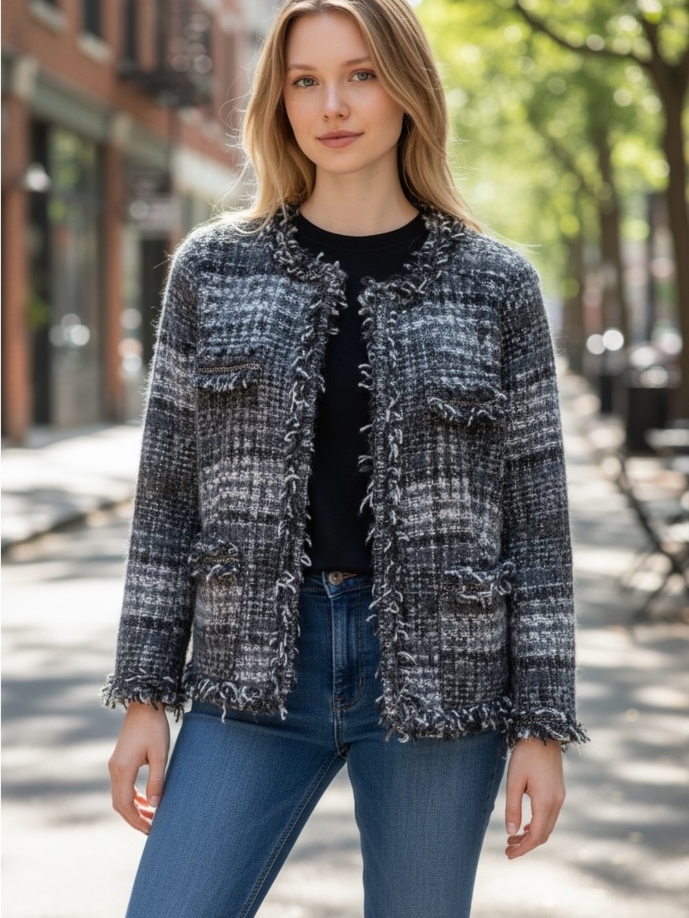 Joe Fresh Black & Gray Plaid Bouclé Frayed Jacket